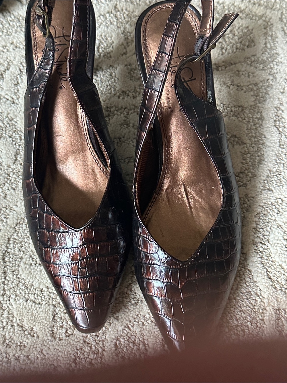 Life Stride Brown Croc-Embossed Slingback Mules